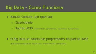 Big Data - Como Funciona
● Bancos Comuns, por que não?
○ Elasticidade
○ Padrão ACID (atomicidade, consistência, isolamento, durabilidade)
● O Big Data se baseia nas propriedades do padrão BASE
(basicamente disponível, estado leve, eventualmente consistente).
17
 