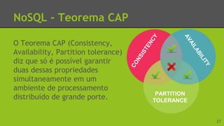 NoSQL - Teorema CAP
O Teorema CAP (Consistency,
Availability, Partition tolerance)
diz que só é possível garantir
duas dessas propriedades
simultaneamente em um
ambiente de processamento
distribuído de grande porte.
27
 