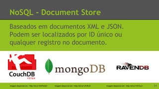 NoSQL - Document Store
Baseados em documentos XML e JSON.
Podem ser localizados por ID único ou
qualquer registro no documento.
34Imagem disponível em: <http://bit.ly/1DhPeGQ> Imagem disponível em: <http://bit.ly/1JiVRL5> Imagem disponível em: <http://bit.ly/1I3FDuJ>
 