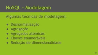 NoSQL - Modelagem
Algumas técnicas de modelagem:
● Desnormalização
● Agregação
● Agregados atômicos
● Chaves enumeráveis
● Redução de dimensionalidade
39
 