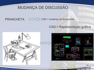 MUDANÇA DE DISCUSSÃO
PRANCHETA
CAD = Representação gráfica
CAD = mudança de ferramenta
12
 
