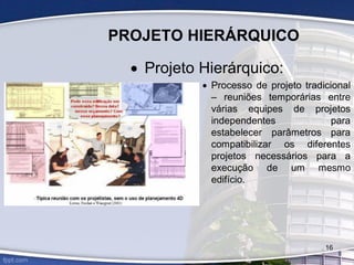PROJETO HIERÁRQUICO
 Projeto Hierárquico:
 Processo de projeto tradicional
– reuniões temporárias entre
várias equipes de projetos
independentes para
estabelecer parâmetros para
compatibilizar os diferentes
projetos necessários para a
execução de um mesmo
edifício.
16
 