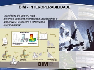 “habilidade de dois ou mais
sistemas trocarem informações (necessárias e
disponíveis) e usarem a informação
intercambiada”
BIM - INTEROPERABILIDADE
39
 