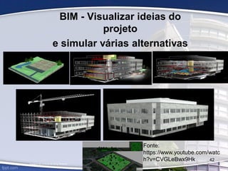BIM - Visualizar ideias do
projeto
e simular várias alternativas
Imagens de cortesia da Kling Stubbins
42
Fonte:
https://www.youtube.com/watc
h?v=CVGLeBwx9Hk
 