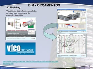 5D Modeling
Visualização das soluções vinculadas
ao custo e ao cronograma de
execução do edifício
http://www.synergy-software.com/vicosoft-virtual-construction-and-5d-
modeling.htm
BIM - ORÇAMENTOS
52
 