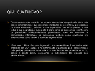 QUAL SUA FUNÇÃO ?
 Os exossomos são parte de um sistema de controle de qualidade ainda que
pouco compreendido, que reconhece moléculas de pré-mRNA processadas
de modo inadequado, evitando a sua exportação para o citoplasma, e que
induz a sua degradação. Ainda não é claro como os exossomos reconhecem
os pré-mRNAs inadequadamente processados. Além de mediarem a
comunicação intercelular, os exossomos também estão envolvidos em
enfermidades como câncer e doenças degenerativas
 Para que o RNA não seja degradado, sua extremidade 5’ necessita estar
protegida por CAP (quepe) e na extremidade 3’ protegida pela poliadenilação
pela poli(A) polimerase associada s outros fatores de processamento 3’,
sendo a cauda poli(A) protegendo a extremidade dos ataques das
exonucleases.
 