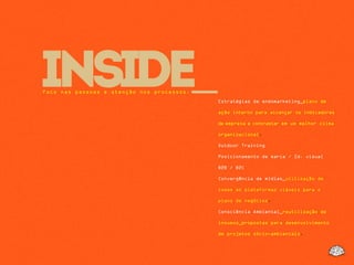 INSIDE_Estratégias de endomarketing_plano de
ação interno para alcançar os indicadores
da empresa e contrastar em um melhor clima
organizacional.
Outdoor Training
Posicionamento de marca / Id. visual
B2B / B2C
Convergência de mídias_utilização de
todas as plataformas viáveis para o
plano de negócios.
Consciência Ambiental_reutilização de
insumos_propostas para desenvolvimento
de projetos sócio-ambientais.
Foco nas pessoas e atenção nos processos.
 