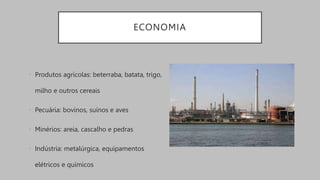 ECONOMIA
• Produtos agrícolas: beterraba, batata, trigo,
milho e outros cereais
• Pecuária: bovinos, suínos e aves
• Minérios: areia, cascalho e pedras
• Indústria: metalúrgica, equipamentos
elétricos e químicos
 