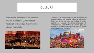 CULTURA
Uma vez por ano se realiza um concurso
musical chamado de Queen Elisabeth
Wedstrijd, onde um tipo de instrumento
clássico é escolhido.
Também é um país conhecido por ter alguns do
maiores nomes da musica dance e eletrónica.
Todos os anos também se realiza o maior
festival de musica eletrónica chamado de
Tomorrowland. Este festival é famoso pela sua
decoração que envolve fogos de artificio, fontes
de água e contos de fadas.
 