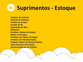 Suprimentos - Estoque
Cadastro de produtos
Controle de estoques
Pedidos de compra
Entrada de NF
Importação de Nfe's
Relatórios
Entradas e Saídas de Estoque
Saldos em Estoque
Produtos com Maior Circulação
Produtos sem Movimentação
Produtos Abaixo do Estoque Mínimo
Visão Financeira do Estoque
Movimentação de um Produto
 