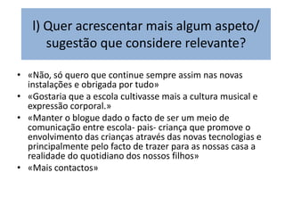 l) Quer acrescentar mais algum aspeto/
      sugestão que considere relevante?

• «Não, só quero que continue sempre assim nas novas
  instalações e obrigada por tudo»
• «Gostaria que a escola cultivasse mais a cultura musical e
  expressão corporal.»
• «Manter o blogue dado o facto de ser um meio de
  comunicação entre escola- pais- criança que promove o
  envolvimento das crianças através das novas tecnologias e
  principalmente pelo facto de trazer para as nossas casa a
  realidade do quotidiano dos nossos filhos»
• «Mais contactos»
 