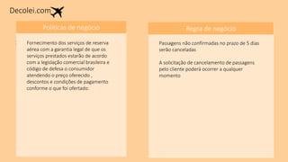 Decolei.com
1. Missão: Oferecer serviços
de passagem área
personalizados e
diferenciados, atendendo
prazos visando
comodidade, economia e
satisfação do cliente
através de uma postura
ética, zelando pela
qualidade e agilidade
ofertada.
Politicas de negócio Regra de negócio
Fornecimento dos serviços de reserva
aérea com a garantia legal de que os
serviços prestados estarão de acordo
com a legislação comercial brasileira e
código de defesa o consumidor
atendendo o preço oferecido ,
descontos e condições de pagamento
conforme o que foi ofertado.
Passagens não confirmadas no prazo de 5 dias
serão canceladas
A solicitação de cancelamento de passagens
pelo cliente poderá ocorrer a qualquer
momento
 
