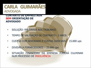 CONTRATO DE EMPREITADA  SEM  ORIENTAÇÃO DE ADVOGADO SOLUÇÃO: RECORRER AOS TRIBUNAIS TEMPO DE VALIDAÇÃO DE CONTRATO - 2 ANOS  CUSTOS COM ADVOGADO E CUSTAS JUDICIAIS -  15.000 ups SITUAÇÃO FINANCEIRA DA EMPRESA PODERÁ CULMINAR NUM PROCESSO DE  INSOLVÊNCIA  DIVIDAS A FORNECEDORES – 25.000 ups  