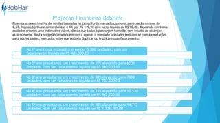 Projeção Financeira BobHair
Fizemos uma estimativa de vendas baseadas no tamanho do mercado com uma penetração mínima de
0,5%. Nosso objetivo e comercializar o Kit por R$ 149,90 com lucro liquido de R$ 90,00. Baseando em todos
os dados criamos uma estimativa viável, desde que todas ações sejam tomadas com intuito de alcançar
este números. Nesta projeção levamos em conta apenas o mercado brasileiro sem contar com exportações
para outros países, mercados estes que poderia duplicar ou triplicar nosso faturamento.
No 1º ano nossa estimativa e vender 5.000 unidades, com um
faturamento liquido de R$ 400.000,00
No 2º ano projetamos um crescimento de 20% elevando para 6000
unidades, com um faturamento liquido de R$ 540.000,00
No 3º ano projetamos um crescimento de 30% elevando para 7800
unidades, com um faturamento liquido de R$ 702.000,00
No 4º ano projetamos um crescimento de 35% elevando para 10.530
unidades, com um faturamento liquido de R$ 947.700,00
No 5º ano projetamos um crescimento de 40% elevando para 14.742
unidades, com um faturamento liquido de R$ 1.326.780,00
 
