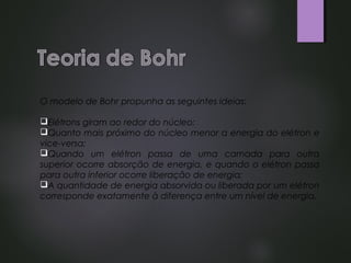 O modelo de Bohr propunha as seguintes ideias:
Elétrons giram ao redor do núcleo;
Quanto mais próximo do núcleo menor a energia do elétron e
vice-versa;
Quando um elétron passa de uma camada para outra
superior ocorre absorção de energia, e quando o elétron passa
para outra inferior ocorre liberação de energia;
A quantidade de energia absorvida ou liberada por um elétron
corresponde exatamente à diferença entre um nível de energia.

 