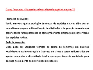 O que fazer para não perder a diversidade de espécies nativas ??
Formação de viveiros
Tendo em vista que a produção de mudas de espécies nativas além de ser
uma alternativa para a diversificação de atividades e de geração de renda nas
propriedades rurais apresenta-se como importante estratégia de conservação
das espécies nativas.
Rede de sementes
Onde pode ser utilizadas técnicas de coleta de sementes em diversas
localidades e assim em seguida fazer uso em áreas a serem reflorestadas ou
apenas aumentar a diversidade local e consequentemente contribuir para
que não haja a perda da diversidade de espécies.
 