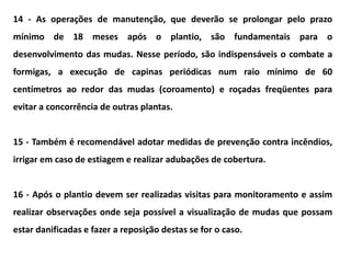 14 - As operações de manutenção, que deverão se prolongar pelo prazo
mínimo de 18 meses após o plantio, são fundamentais para o
desenvolvimento das mudas. Nesse período, são indispensáveis o combate a
formigas, a execução de capinas periódicas num raio mínimo de 60
centímetros ao redor das mudas (coroamento) e roçadas freqüentes para
evitar a concorrência de outras plantas.
15 - Também é recomendável adotar medidas de prevenção contra incêndios,
irrigar em caso de estiagem e realizar adubações de cobertura.
16 - Após o plantio devem ser realizadas visitas para monitoramento e assim
realizar observações onde seja possível a visualização de mudas que possam
estar danificadas e fazer a reposição destas se for o caso.
 