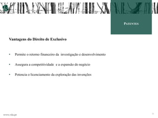 www.vda.pt
12
PATENTES
Vantagens do Direito de Exclusivo
• Permite o retorno financeiro da investigação e desenvolvimento
• Assegura a competitividade e a expansão do negócio
• Potencia o licenciamento da exploração das invenções
 
