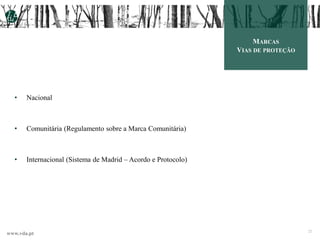 www.vda.pt
MARCAS
VIAS DE PROTEÇÃO
• Nacional
• Comunitária (Regulamento sobre a Marca Comunitária)
• Internacional (Sistema de Madrid – Acordo e Protocolo)
22
 
