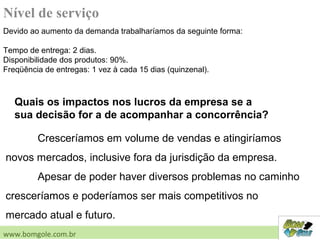 Nível de serviço
Cresceríamos em volume de vendas e atingiríamos
novos mercados, inclusive fora da jurisdição da empresa.
Apesar de poder haver diversos problemas no caminho
cresceríamos e poderíamos ser mais competitivos no
mercado atual e futuro.
www.bomgole.com.br
Quais os impactos nos lucros da empresa se a
sua decisão for a de acompanhar a concorrência?
Devido ao aumento da demanda trabalharíamos da seguinte forma:
Tempo de entrega: 2 dias.
Disponibilidade dos produtos: 90%.
Freqüência de entregas: 1 vez à cada 15 dias (quinzenal).
 