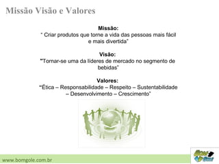 Missão Visão e Valores
Missão:
“ Criar produtos que torne a vida das pessoas mais fácil
e mais divertida”
Visão:
"Tornar-se uma da líderes de mercado no segmento de
bebidas”
Valores:
“Ética – Responsabilidade – Respeito – Sustentabilidade
– Desenvolvimento – Crescimento”
www.bomgole.com.br
 