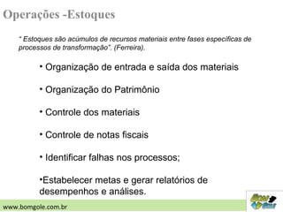 “ Estoques são acúmulos de recursos materiais entre fases específicas de
processos de transformação”. (Ferreira).
• Organização de entrada e saída dos materiais
• Organização do Patrimônio
• Controle dos materiais
• Controle de notas fiscais
• Identificar falhas nos processos;
•Estabelecer metas e gerar relatórios de
desempenhos e análises.
Operações -Estoques
www.bomgole.com.br
 