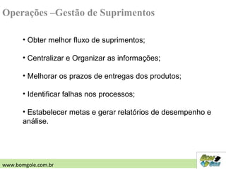 • Obter melhor fluxo de suprimentos;
• Centralizar e Organizar as informações;
• Melhorar os prazos de entregas dos produtos;
• Identificar falhas nos processos;
• Estabelecer metas e gerar relatórios de desempenho e
análise.
Operações –Gestão de Suprimentos
www.bomgole.com.br
 