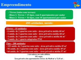 Empreendimento
    - Térreo (todos com terraço)
    - Bloco 1- Térreo + 15 tipos, com 8 apartamentos por andar
    - Bloco 2- Térreo + 16 tipos, com 10 apartamentos por andar

                        295 unidades, sendo:

  Térreo – 15 unidades
  - 6 unids. de 2 quartos sem suíte - área privativa média 60 m²
  - 2 unids. de 2 quartos com suíte - área privativa média 60 m²
  - 4 unids. de 3 quartos com suíte – área privativa média 66 m²
  - 3 unids. de 1 quarto adaptadas PNE
  Tipo – 280 unidades
  - 122 unids. de 2 quartos sem suíte - área privativa média 45 m²
  - 94 unids. de 2 quartos com suíte - área privativa média 49 m²
  - 64 unids. de 3 quartos com suíte – área privativa média 57 m²
                           3 elevadores em cada edifício.
                                    192 vagas.
          Área privativa dos apartamentos térreo: de 50,68 m² a 72,52 m².
 
