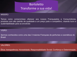 MISSÃO:
Temos como compromisso oferecer aos nossos Franqueados e Consumidores,
produtos com alto padrão de qualidade a um preço justo e competitivo, visando lucro e
sustentabilidade para os envolvido
Bortoletto
Transforme a sua vida!
VISÃO:
Sermos conhecidos como uma das 3 maiores Franquias de perfumes e cosméticos do
Brasil.
VALORES:
Ética; transparência; Honestidade; Responsabilidade Social; Confiança e Determinação.
 