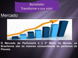 Mercado
O Mercado de Perfumaria é o 2º Maior do Mundo, os
Brasileiros são os maiores consumidores de perfumes do
Planeta.
Bortoletto
Transforme a sua vida!
 