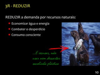 3R - REDUZIR

REDUZIR a demanda por recursos naturais:
  Economizar água e energia
  Combater o desperdício
  Consumo consciente




                ...E recusar, não
                usar nem descartar
                sacolinha plástica
                                           10
 