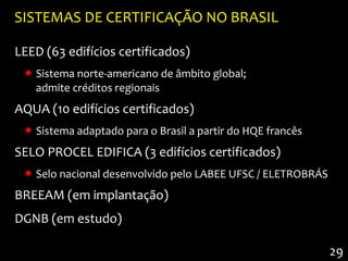 SISTEMAS DE CERTIFICAÇÃO NO BRASIL

LEED (63 edifícios certificados)
  Sistema norte-americano de âmbito global;
   admite créditos regionais
AQUA (10 edifícios certificados)
  Sistema adaptado para o Brasil a partir do HQE francês
SELO PROCEL EDIFICA (3 edifícios certificados)
  Selo nacional desenvolvido pelo LABEE UFSC / ELETROBRÁS
BREEAM (em implantação)
DGNB (em estudo)

                                                             29
 