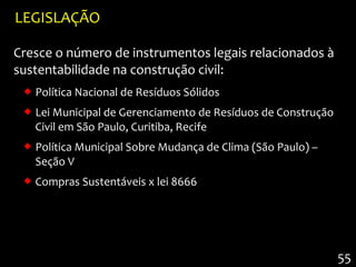 LEGISLAÇÃO

Cresce o número de instrumentos legais relacionados à
sustentabilidade na construção civil:
  Política Nacional de Resíduos Sólidos
  Lei Municipal de Gerenciamento de Resíduos de Construção
   Civil em São Paulo, Curitiba, Recife
  Política Municipal Sobre Mudança de Clima (São Paulo) –
   Seção V
  Compras Sustentáveis x lei 8666




                                                              55
 