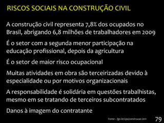 RISCOS SOCIAIS NA CONSTRUÇÃO CIVIL

A construção civil representa 7,8% dos ocupados no
Brasil, abrigando 6,8 milhões de trabalhadores em 2009
É o setor com a segunda menor participação na
educação profissional, depois da agricultura
É o setor de maior risco ocupacional
Muitas atividades em obra são terceirizadas devido à
especialidade ou por motivos organizacionais
A responsabilidade é solidária em questões trabalhistas,
mesmo em se tratando de terceiros subcontratados
Danos à imagem do contratante
                                       Fonte – fgv.br/cps/construcao 2011   79
 