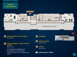 1 BRINQUEDOTECA / SALA DE JOGOS
Área : 68 m²
2 ESPAÇO GOURMET / SALÃO DE FESTAS
INFANTIL
Área : 37 m²
Possibilidade de integração com
brinquedoteca / salão de jogos,
transformando-se em um ambiente de
105 m²
3 VESTIÁRIOS
4 SALÃO DE FESTAS
Área : 76 m²
5 FITNESS
Área : 65 m²
APARTAMENTOS TÉRREO
APARTAMENTOS TÉRREO
1
2
3 4 5
ACESSO TORRE A
Torre A
Lazer Interno
 