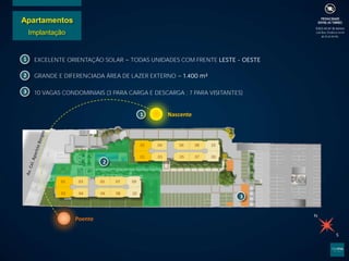 Apartamentos
Implantação
Nascente
Poente
01
02
03
04
05
06
07
08
09
10
02
01
04
03
06
05
08
07
10
09
1
2
3
EXCELENTE ORIENTAÇÃO SOLAR TODAS UNIDADES COM FRENTE LESTE - OESTE
GRANDE E DIFERENCIADA ÁREA DE LAZER EXTERNO 1.400 m²
10 VAGAS CONDOMINIAIS (3 PARA CARGA E DESCARGA ; 7 PARA VISITANTES)
1
2
3
 