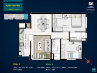 Apartamentos
2 Dorms. Ponta
SUÍTE
Área : 12,40 m²
BANHO
Área:3,39m²
DORMITÓRIO
Área : 8,00 m²
CIRCULAÇÃO
Área : 2,26 m²
ESTAR / JANTAR
Área : 18,73 m²
COZINHA/A.SERVIÇO
Área:6,26m²
BANHO
Área : 2,63 m²
TORRE A
 Aptos 2 dorm. ponta : 62,48 m² ( 21 unidades )
 1 ou 2 vagas
TORRE B
 Aptos 2 dorm. ponta : 62,48 m² ( 16 unidades )
 1 ou 2 vagas
 