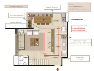 Varanda Gourmet



Boca de sala ampla




                                          Integração da sala,
                                          cozinha e varanda




                                            Preparação para ar-
                                       condicionado tipo split na sala




                                                Porcelanato
                                                  na sala
 
