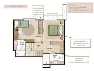 Vãos de porta
 maiores que
os praticados
 no mercado




                 Preparação para ar-
                condicionado tipo split
                     nos quartos




                   Porcelanato
                   nos quartos
 