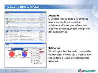 1- Service BPM –  Módulos Atividade  O usuário recebe toda a informação para a execução do trabalho: solicitante, cliente, procedimentos, arquivos anexados, prazos e registros dos andamentos. Relatórios Visualização detalhada de como estão os processos em relação a quantidade, capacidade e status de execução dos usuários. 