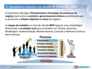 2- Consultoria e Serviços em Gestão de Processos - BPM A Consultoria abrange o  Planejamento e Estratégia em processos de negócio , bem como o  controle e gerenciamento efetivo  possibilitando que os processos a  atinjam objetivos e metas  do negócio. As  etapas do trabalho  e o ciclo de vida de  BPM  seguem uma metodologia direcionada a  resultados reais  que se dividem em: Análise, Desenho, Modelagem, Implementação, Monitoramento, Controle e Melhoria Contínua dos Processos. 