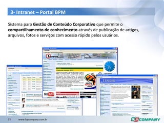 3- Intranet – Portal BPM Sistema para  Gestão de Conteúdo Corporativo  que permite o  compartilhamento de conhecimento  através de publicação de artigos, arquivos, fotos e serviços com acesso rápido pelos usuários.  