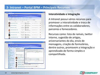 3- Intranet – Portal BPM – Principais Recursos Interatividade e integração A Intranet possui vários recursos para promover a interatividade e troca de informações entre os colaboradores, parceiros e fornecedores. Recursos como: lista de ramais, twitter interno, sugestão de artigos, aniversariantes do dia, envio de mensagens, criação de formulários, dentre outros, promovem a integração e aprendizado de forma simples e compartilhada. 
