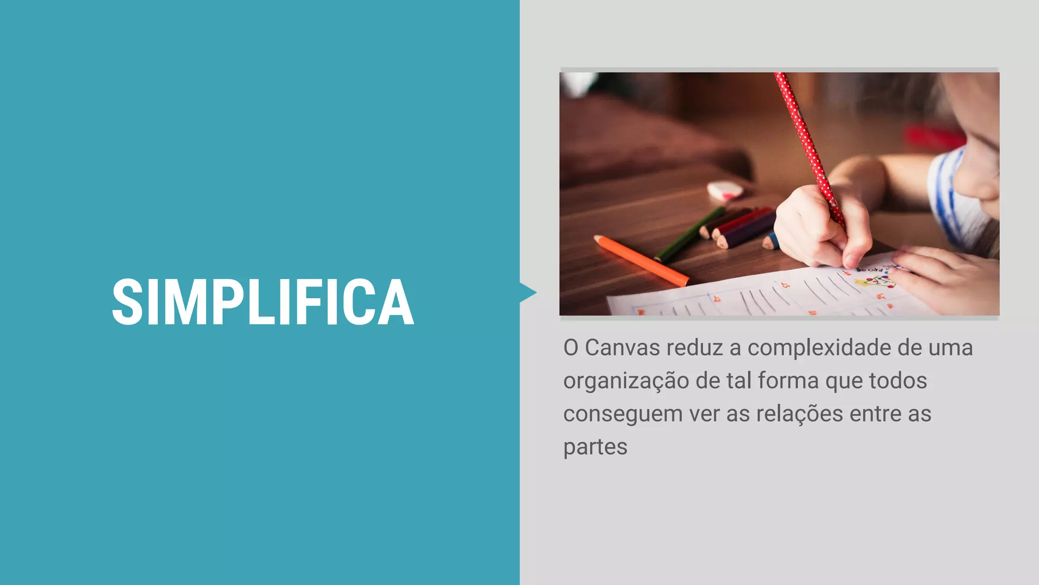 SIMPLIFICA O Canvas reduz a complexidade de uma
organização de tal forma que todos
conseguem ver as relações entre as
partes
 