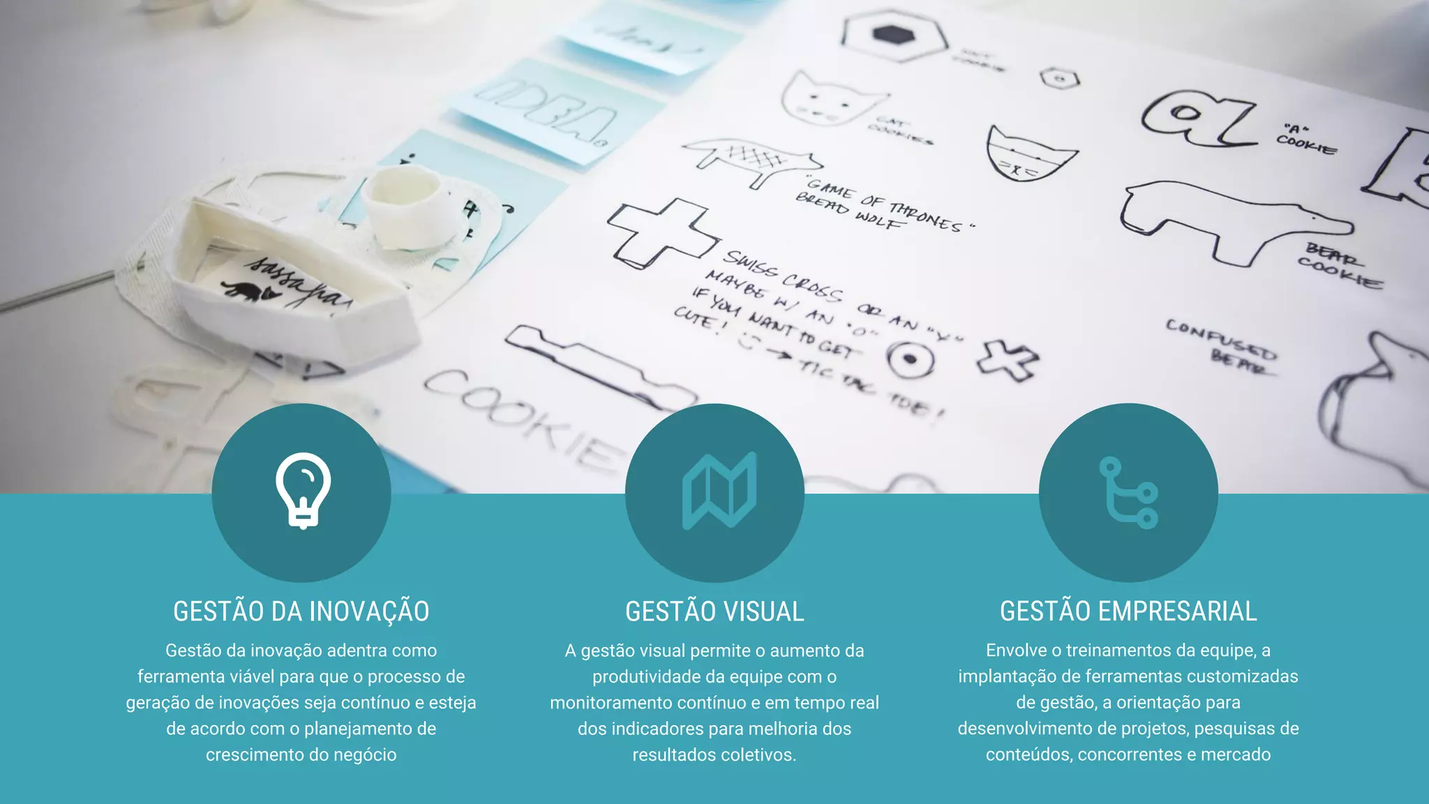 A gestão visual permite o aumento da
produtividade da equipe com o
monitoramento contínuo e em tempo real
dos indicadores para melhoria dos
resultados coletivos.
GESTÃO VISUAL
Gestão da inovação adentra como
ferramenta viável para que o processo de
geração de inovações seja contínuo e esteja
de acordo com o planejamento de
crescimento do negócio
GESTÃO DA INOVAÇÃO
Envolve o treinamentos da equipe, a
implantação de ferramentas customizadas
de gestão, a orientação para
desenvolvimento de projetos, pesquisas de
conteúdos, concorrentes e mercado
GESTÃO EMPRESARIAL
 