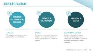 1 2 3
GESTÃO VISUAL
VOOLS | Gestão Visual com BPM 16
A Estratégia deixa de ser parte de um
grupo para fazer da organização.
EXPLÍCITO
FACILITA O
ENTEDIMENTO DO
PROCESSO
Com acesso a informação todos podem
colaborar na solução dos problemas,
mesmo que não sejam em sua área de
atuação.
VISÍVEL
PROMOVE A
COLABORAÇÃO
Qualquer colaborador consegue
compreender a situação atual da
organização, compartilhar a informação
e trabalhar ativamente em pról de
resultados.
BAIXA COMPLEXIDADE
SIMPLIFICA A
GESTÃO
 