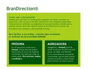 BranDirection®Como usar a ferramenta?Sempre que você for fazer um briefing para organizar um evento, escolher um patrocínio, criar um site ou hot site, desenvolver uma campanha publicitária institucional ou comercial, ou programas de recursos humanos voltados para o público interno, deve tirar algumas cópias do BranDirection® e pensar nos 8 atributos que compõem a personalidade Unimed.