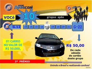 VOCê                              grupos após
                                  17
     G.12     13   14   15   16        18   19   20   21   G-22


 01 CARRO
NO VALOR DE                                           R$ 50,00
 R$ 50.000,                                             De cada
                                                        adesão
                                                       de cartão
                                                      deste grupo
       2º PRÊMIO

                                                                    (resumo)
 