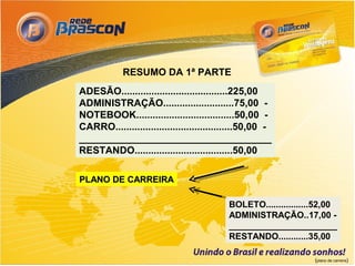 RESUMO DA 1ª PARTE
ADESÃO.......................................225,00
ADMINISTRAÇÃO..........................75,00 -
NOTEBOOK....................................50,00 -
CARRO...........................................50,00 -
___________________________________
RESTANDO....................................50,00

PLANO DE CARREIRA

                                          BOLETO.................52,00
                                          ADMINISTRAÇÃO..17,00 -
                                          ______________________
                                          RESTANDO............35,00

                                                                (plano de carreira)
 