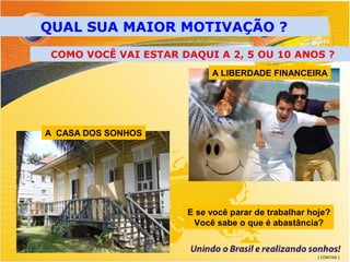 QUAL SUA MAIOR MOTIVAÇÃO ?
 COMO VOCÊ VAI ESTAR DAQUI A 2, 5 OU 10 ANOS ?
                           A LIBERDADE FINANCEIRA




A CASA DOS SONHOS




                      E se você parar de trabalhar hoje?
                       Você sabe o que é abastância?


                                                     ( CONTAS )
 